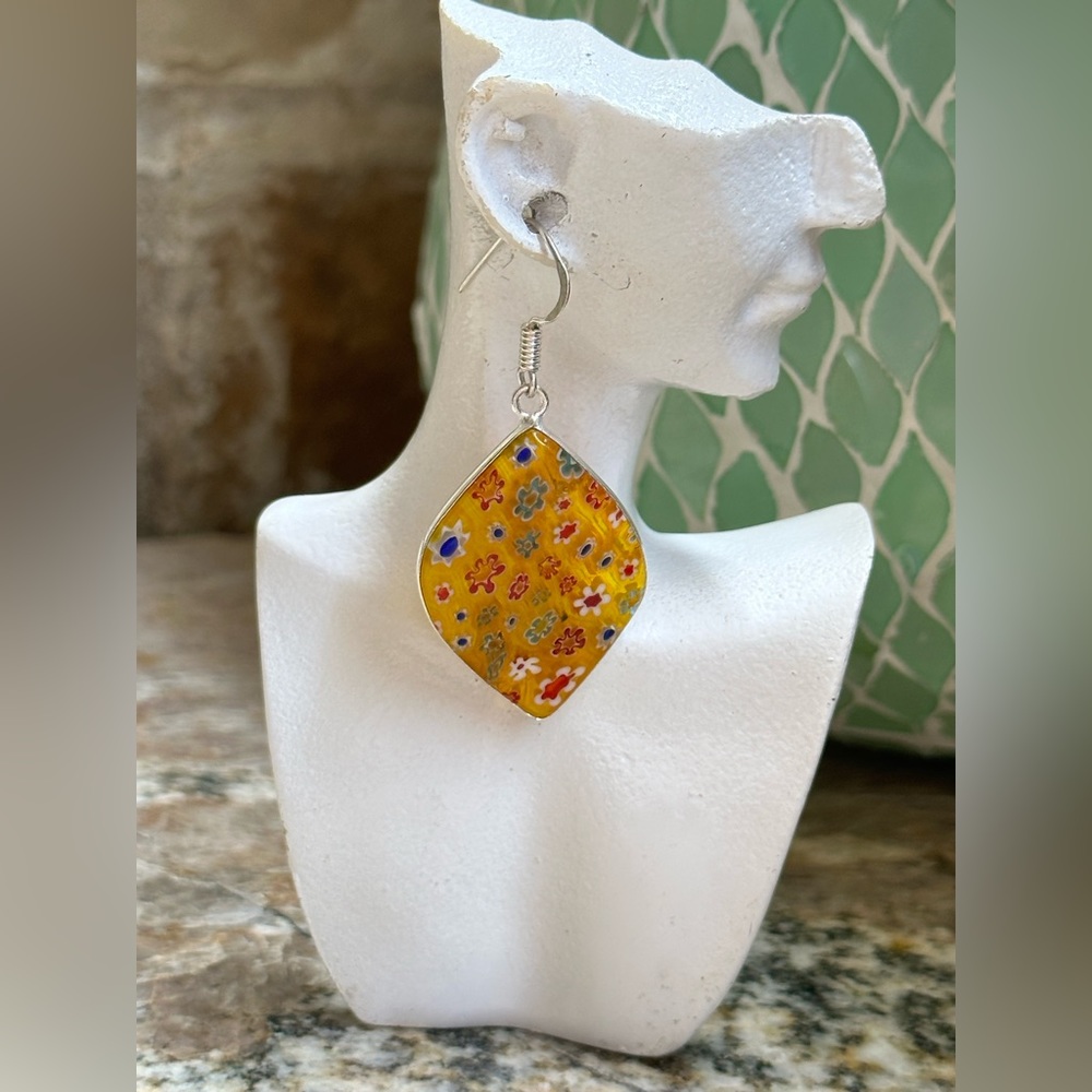 Silver Orange Glass Flower Earrings